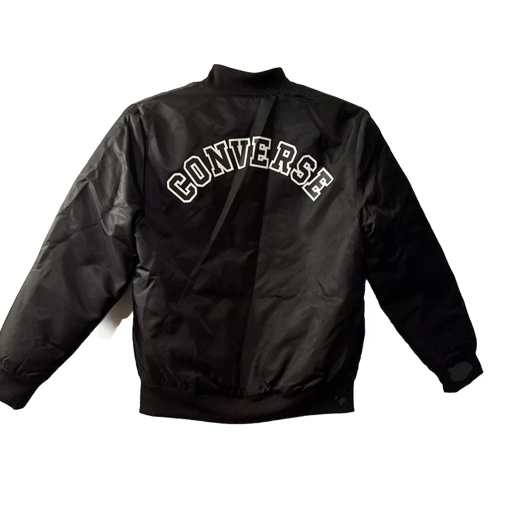 Vtg Converse Bomber Jacket Satin Logo On Back Black Youth Sz M Zipper 10-12 Yrs